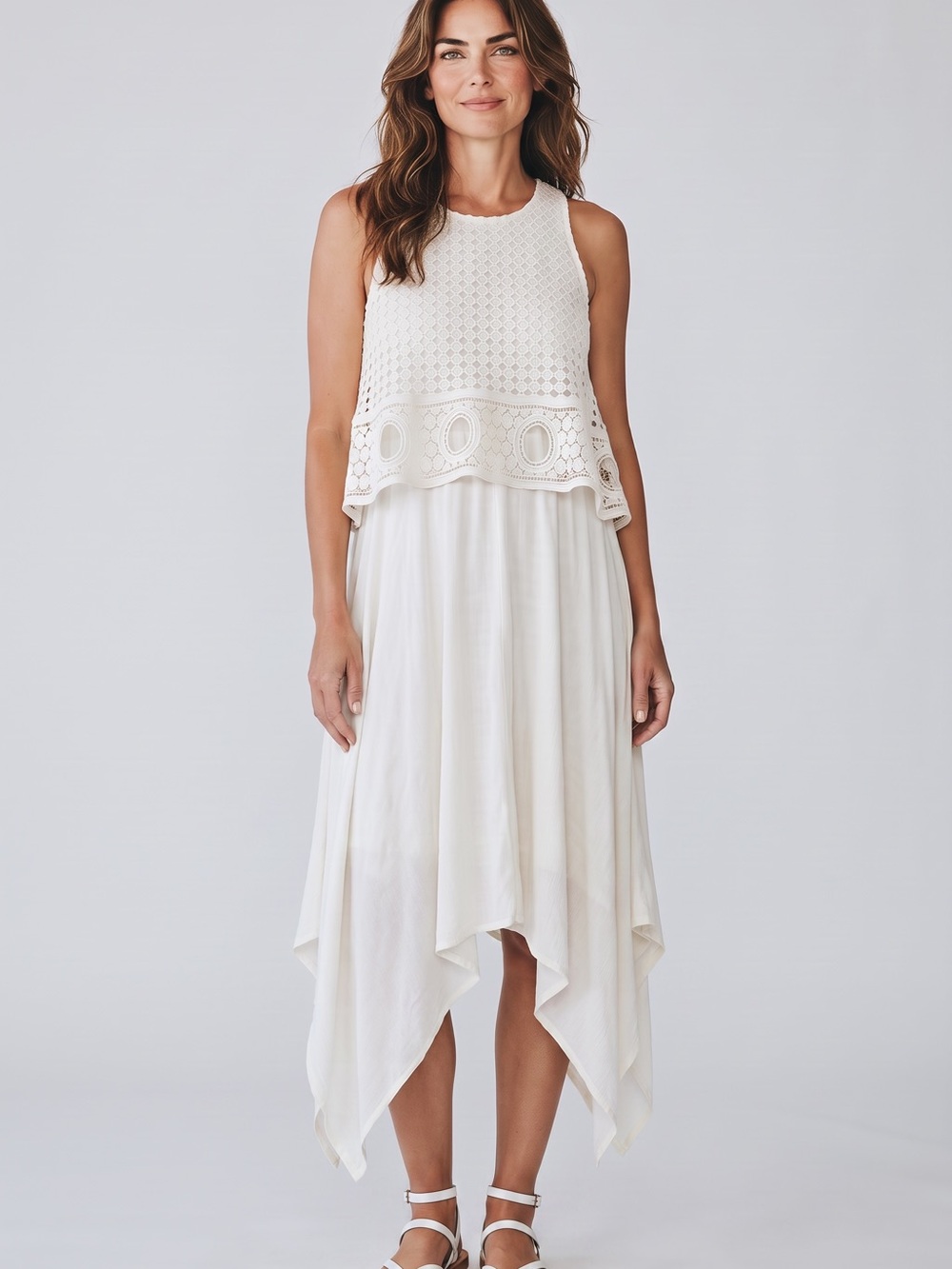 Alya  off white Crochet-Overlay Handkerchief Hem Dress